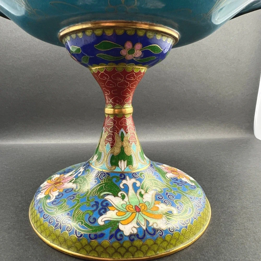 Vintage Cloisonne Footed Compote Dish Blue Floral Scalloped 10